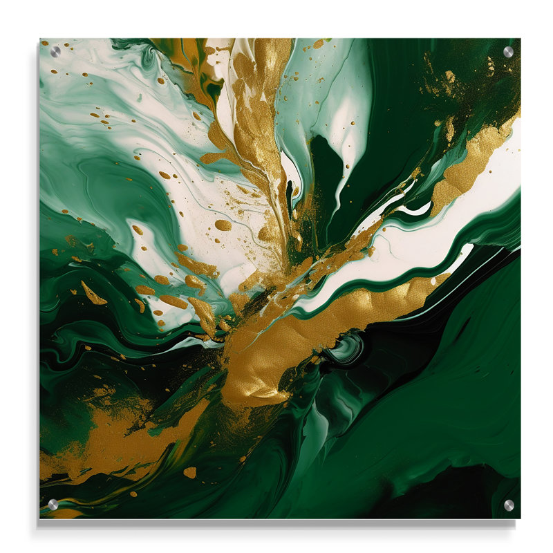 Vert et or liquide Magic II - abstrait, décoration murale acrylique, H 16 po x l 16 po