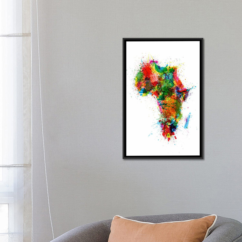 «Paint Splash Map of Afrique» par Michael Tompsett, impression sur toile, H 26 po x l 18 po x P 1,5 po, Toile avec cadre noir