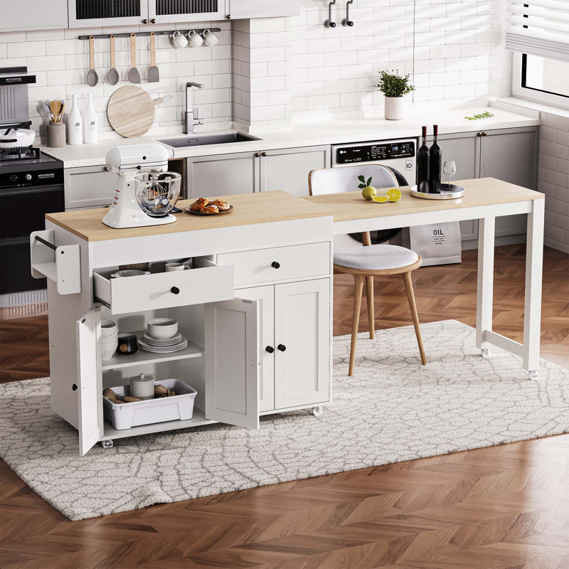 Îlot de cuisine 74,5 pouces avec table de salle à manger extensible, 36.25" H x 74.5" W x 19.75" D, Blanc cassé