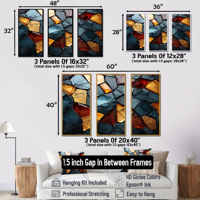 Carreaux de mosaïque cubiques dorés et bleus VI - décoration murale en marbre, Cadre flottant doré