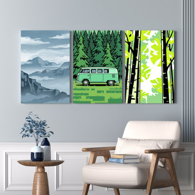 Paysage de montagne, forêt, van et bouleaux, reproduction d'art sur toile tendue sur toile, ensemble de 3
