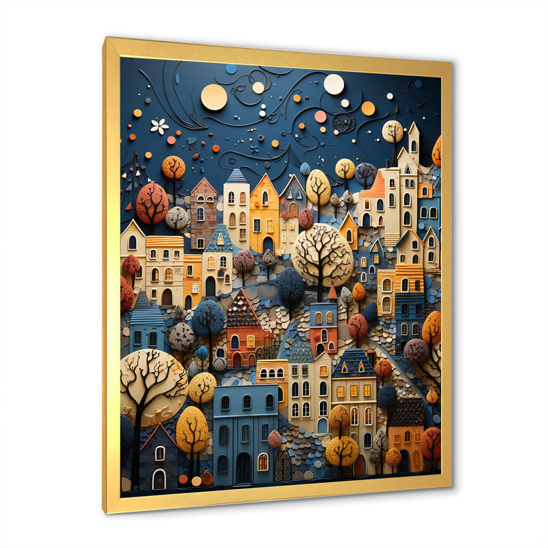 Collage sur toile bleu et jaune Mystic City, H 40 po x l 30 po x P 1,5 po, Encadrement doré