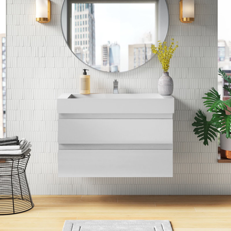 Ensemble de meuble-lavabo mural simple 35 po Babajide, Blanc très luisant