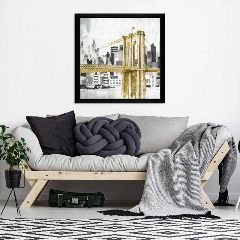 New York Skyline I, pont jaune I - peinture, H 25,5 po x l 25,5 po x P 1 po, Cadre noir