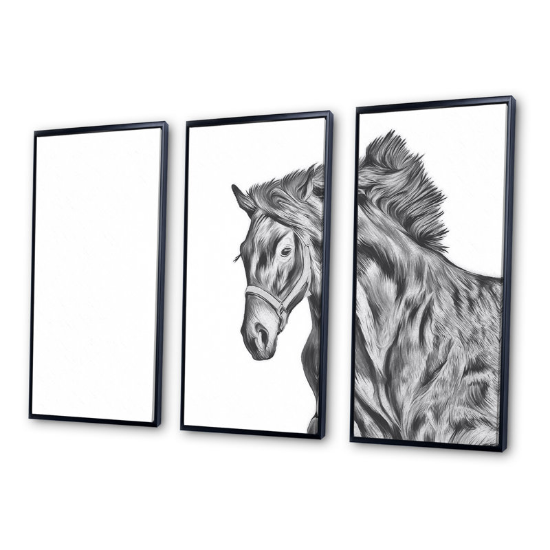 Portrait d'un cheval - ensemble d'art mural sur toile traditionnel encadré de 3, L 36 po x H 28 po x P 1 po, Noir