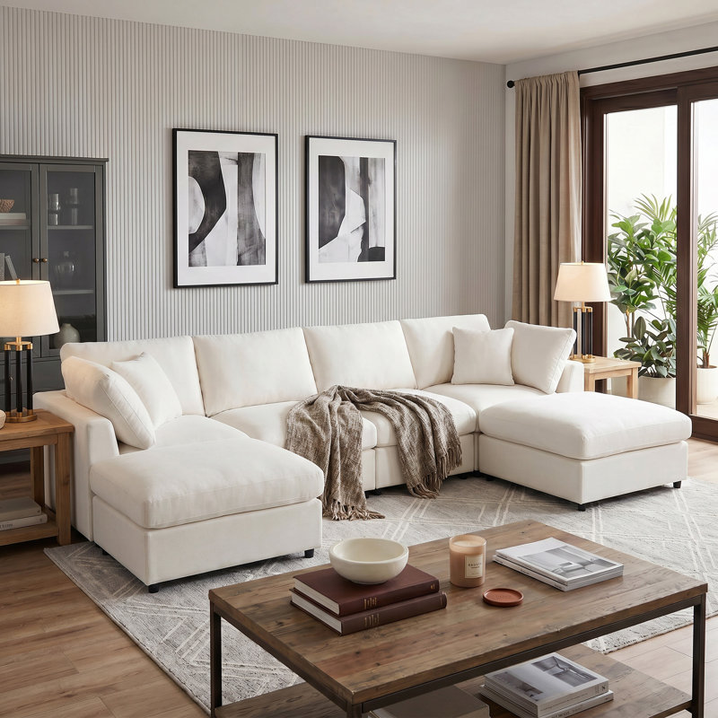 Grand canapé modulaire en forme de U de 128 po avec 2 repose-pieds mobiles, tissu chenille pour le salon et le cinéma maison