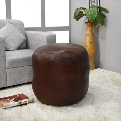 BBH HOMES HANDMADE ECO-FRIENDLY ROUND SHAPED STUFFED BUFFALO LEATHER BROWN POUF - 14" x 14" x 14", Round Shape, Brown Color, Plain Solid Design, Genunie Buffalo Leather Canvas, Recycled Cotton Stuffed, Seating Pouf For Living & Study Room, Patio & Office