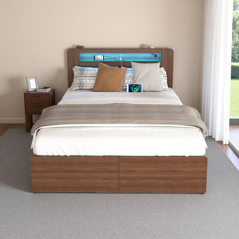 Base de lit en bois de style campagnard avec tablette et 2 tiroirs de rangement, tête de lit à DEL avec rangement, sans bruit, aucun sommier requis et assemblage facile