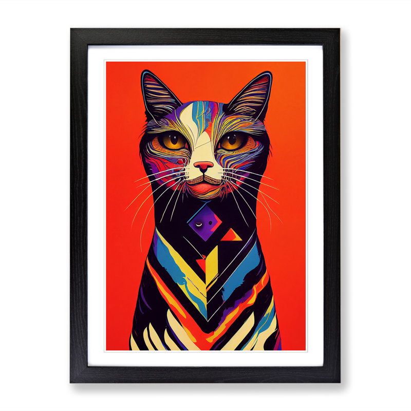 Colourful Abstract Cat Vol.2 - Single Picture Frame Print, 34cm H x 25cm W, Brown Framed