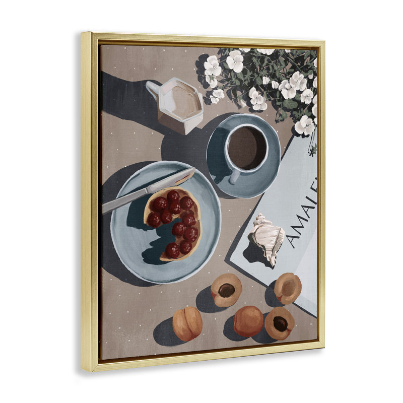 Cadre flottant Morning Brunch Fruit & Coffee, design par Anna Lischenko, H 21 po x l 17 po, Cadre flottant métallique doré