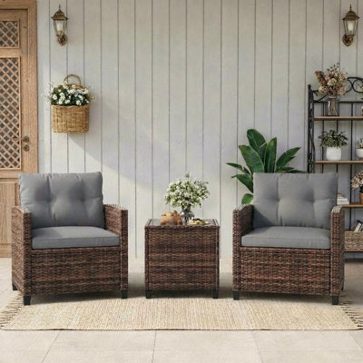 3-Piece Outdoor Patio Furniture Set, PE Rattan Wicker Frame with Tempered Glass Side Table, Conversation Chairs with Removable Cushions, Balcony Porch Garden Seating