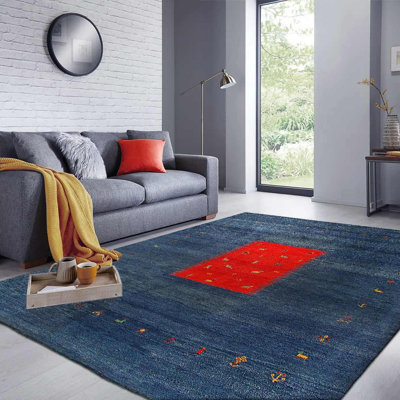 Tapis bleu / rouge / noir en laine et en coton noué à la main à motif géométrique 10 pi 4 po x 8 pi 4 po
