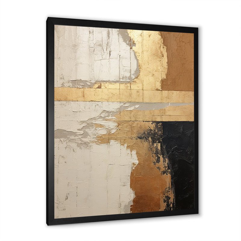 Abstrait abstrait "Beige Gold Road Collage IV", art mural abstrait sur toile, Cadre simple noir, H 20 po x l 12 po x P 1 po