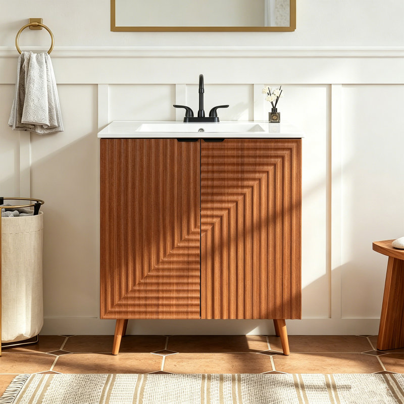30" Fluted Wood Single Bathroom Vanity with Ceramic Sink Top & Soft Close Storage Cabinet