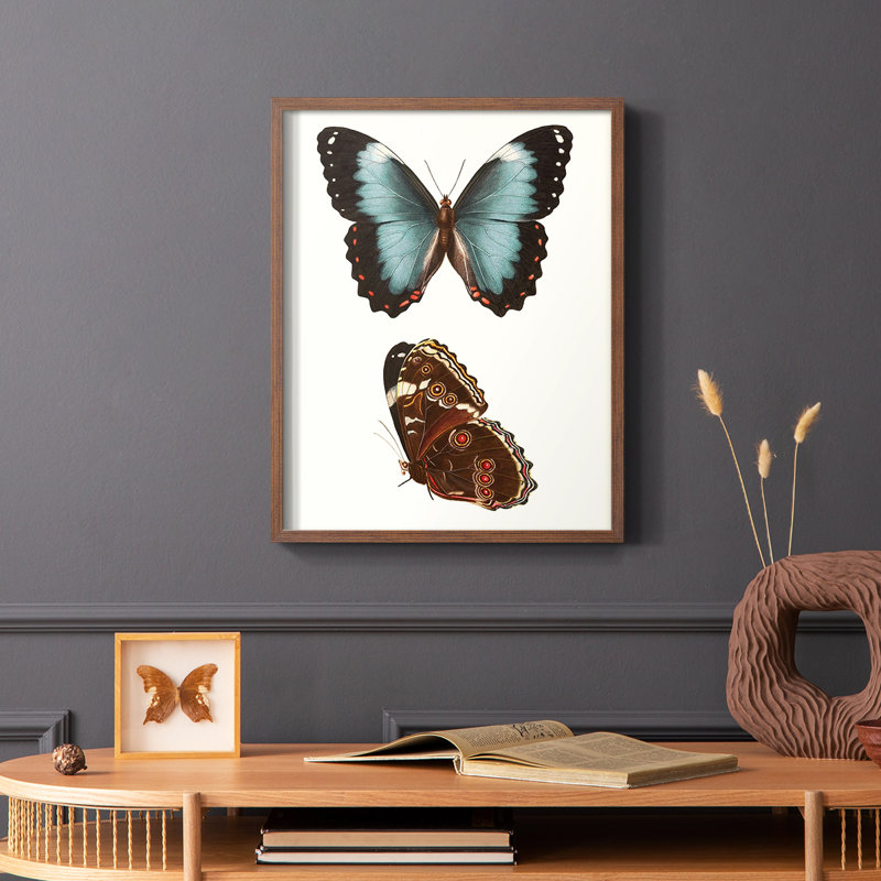 «Antique Blue Butterflies IV», reproduction encadrée - bois massif, Brun, H 28 po x l 22 po