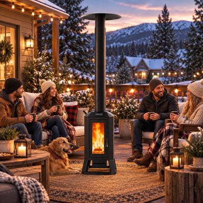 Chauffe-terrasse à granules de bois 70 000 BTU avec fenêtre et roues en verre, chauffe-terrasse pour l'extérieur, cour, utilisation commerciale