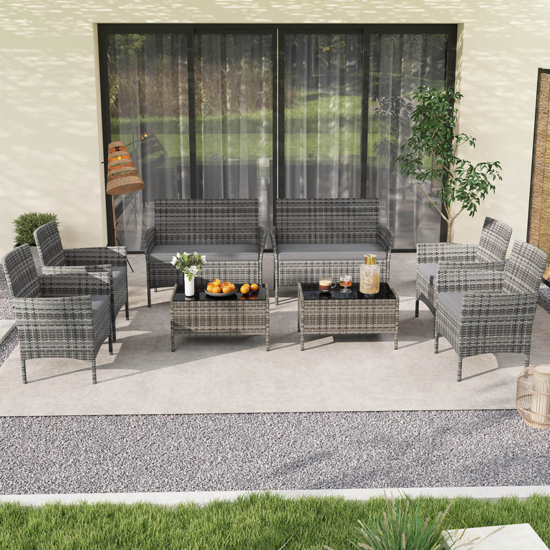 8 Pcs Patio Furniture Set With Washable Cushions And Tempered Glass Coffee Table Gray