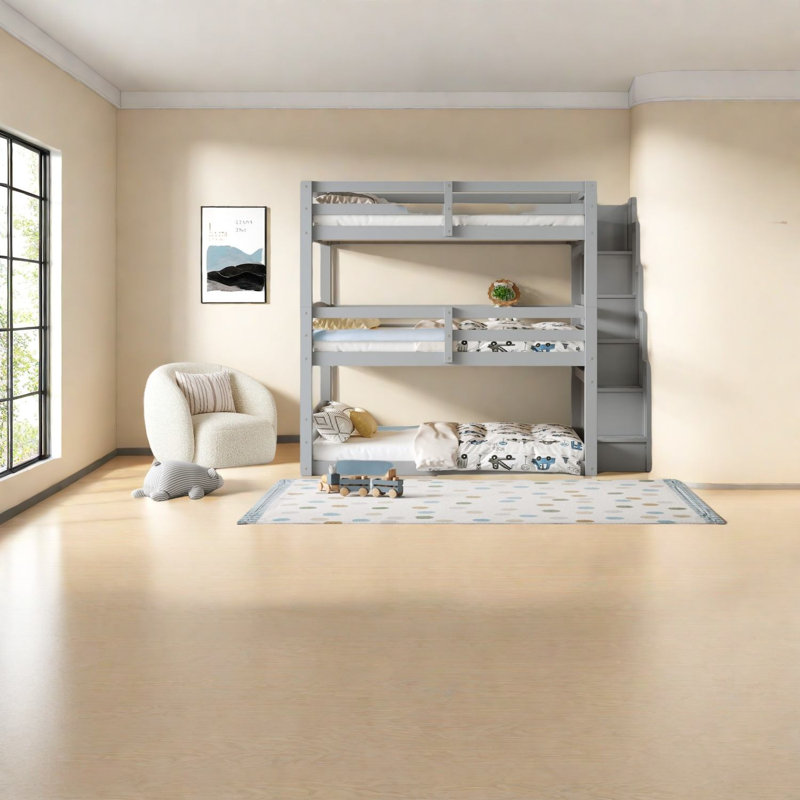 Spacious Gray Wood Triple Bunk Beds With Storage For Family Use