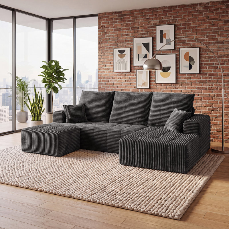 Canapé d'angle modulaire compressé en forme de U de 277 cm de large avec méridienne et pouf, 3 pièces, revêtement en velours côtelé, assise profonde, ressorts ensachés et 5 coussins pour salon, aucun assemblage requis, gris