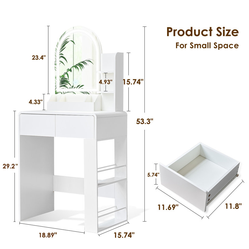 Bureau de coiffeuse compact avec miroir à DEL et 2 tiroirs, table de maquillage avec tablettes de rangement latérales, éclairage 3 couleurs, design incurvé moderne pour la chambre à coucher, blanc, cadeau idéal