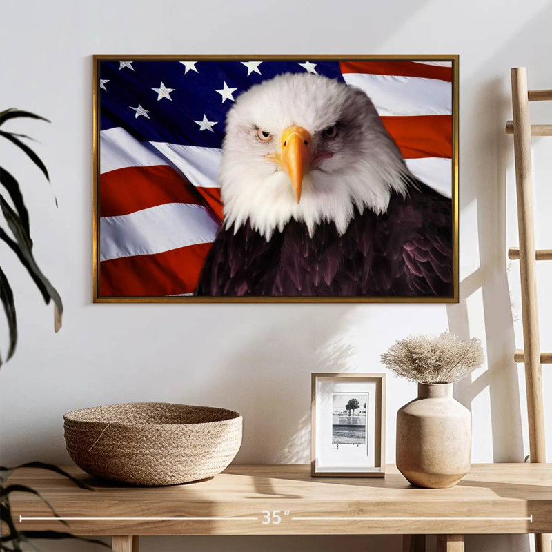 Drapeau américain, aigle à tête blanche, 25 po x 17 po, Cadre flottant doré
