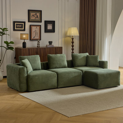 110''W Corduroy Modern  Compressed Block Couch With Plush Cushions