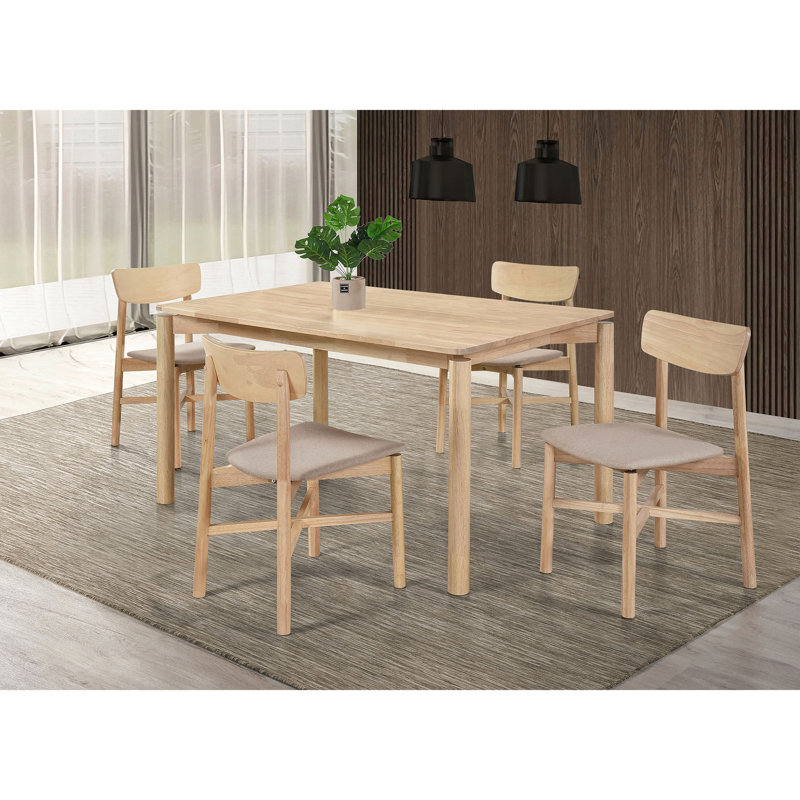 Table de salle à manger moderne 5 pièces Mid-Century, bois d'hévéa blanc délavé, table rectangulaire, chaises en tissu brun clair pour un repas détendu