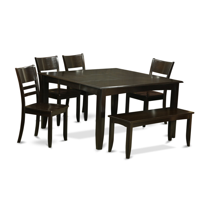 L'ensemble de salle à manger 6 pièces contient une table de salle à manger carrée avec rallonge papillon et 4 chaises de cuisine avec banc, 54 x 54 pouces, cappuccino
