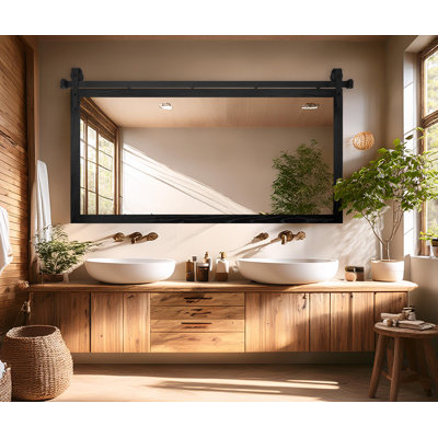 Gracie Oaks Ozark Hardwood Mirror With Steel Barn Door Rail