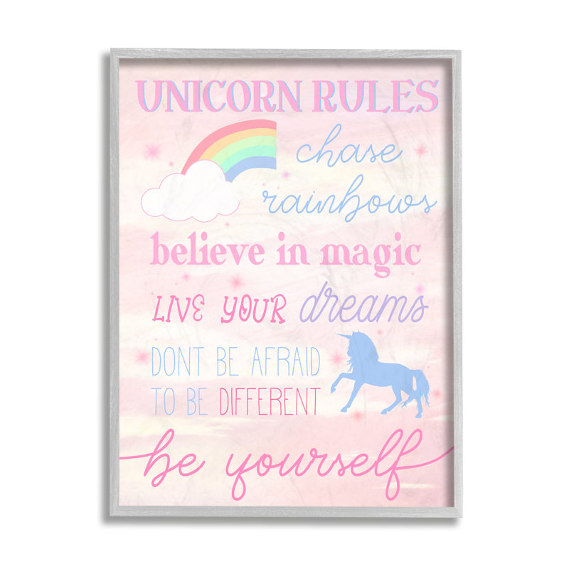 Unicorn Rules Happiness Rainbow Pink Sky, Farmhouse Grey Framed Giclee, 14" H x 11" W x 1.5" D