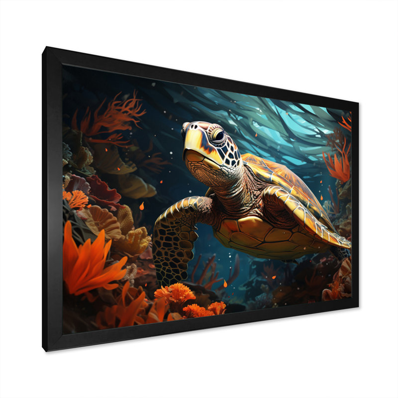 «Turtle Aquatic Wanderer», impression géométrique sur toile, Cadre simple noir, H 34 po x l 44 po x P 1,5 po