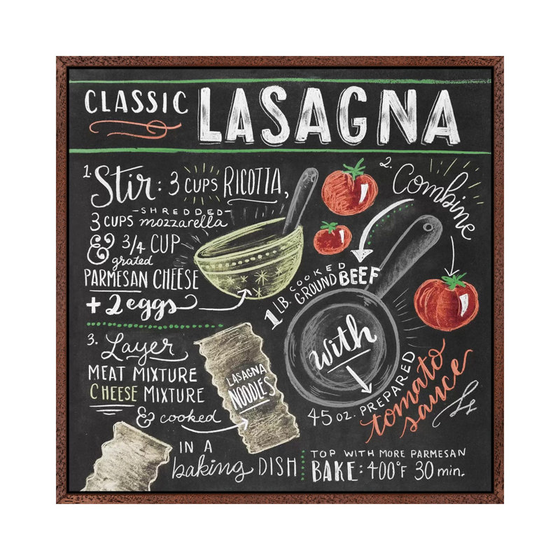 Lasagna Recipe - Print on Canvas, 66.04cm H x 66.04cm W x 3.81cm D, Classic Brown Wood Floater Framed