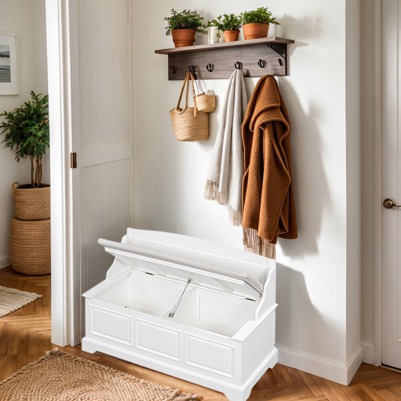 Banc à chaussures de style rétro, banc d'entrée avec deux compartiments de rangement séparés et coussin, Blanc