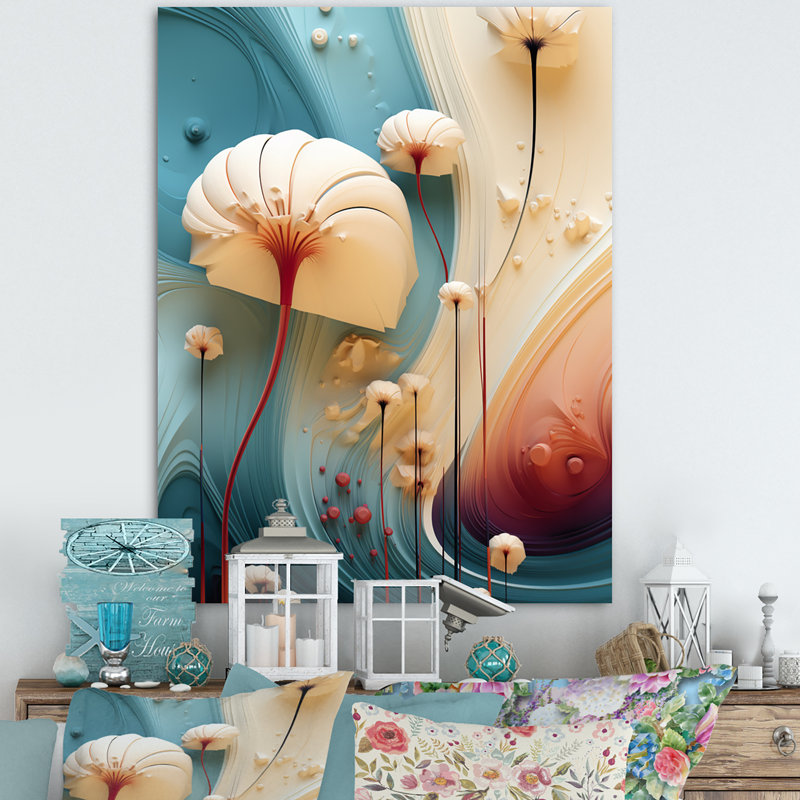 Fleur blanche contemporaine sur fond sarcelle - imprimé, H 44 po x l 34 po, Cadre flottant blanc