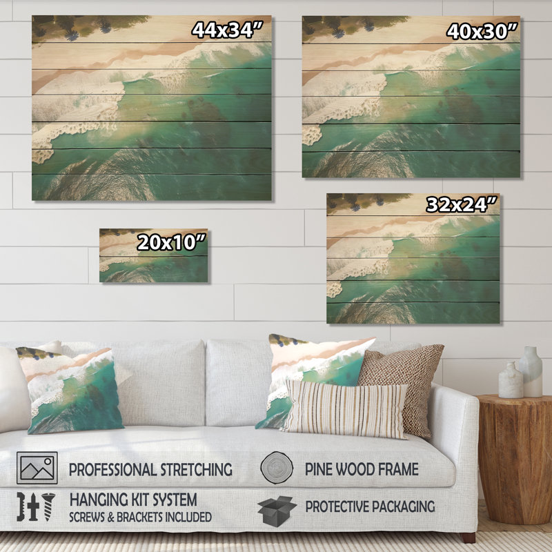 Vagues vertes vue aérienne II - plage sur bois, H 30 po x l 40 po x P 0,78 po