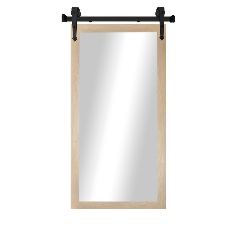 Miroir rustique moderne avec rail de porte de grange en acier, 62 x 33, Érable blond