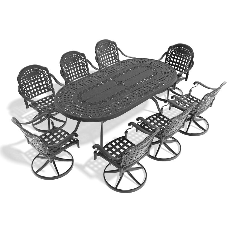 Ensemble de salle à manger 9 pièces en aluminium coulé toutes saisons, comprenant 8 chaises pivotantes et une table ovale avec cadre noir