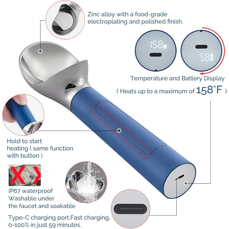 Usb Rechargeable Heated Ice Cream Scoop Blue