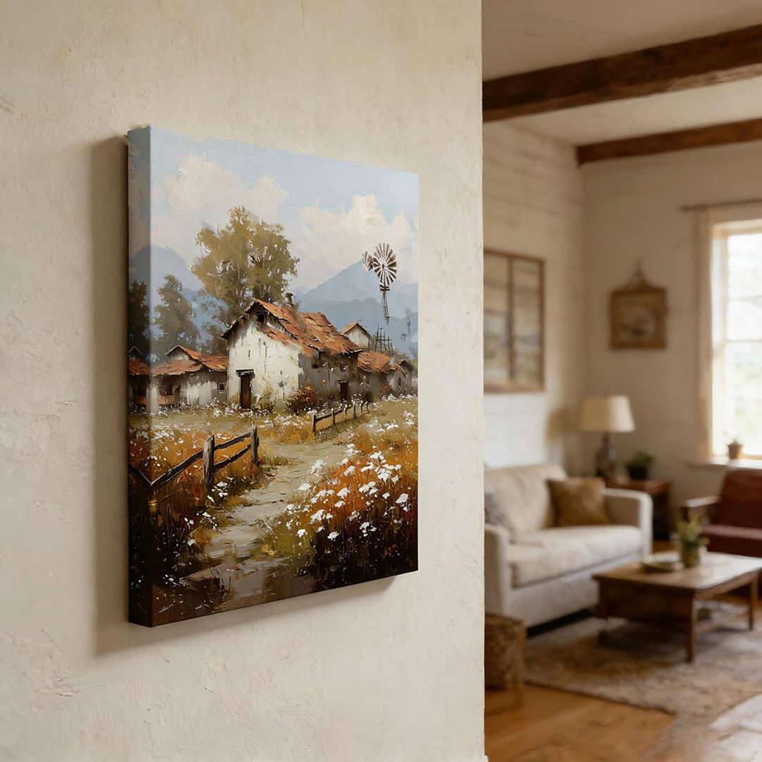 Canvas Wall Art Framed Rustic Farmhouse Windmill Wildflower Landscape Impressionist Textured Vintage Serene Cozy Earthy Peaceful Wall Decor for Bedroo