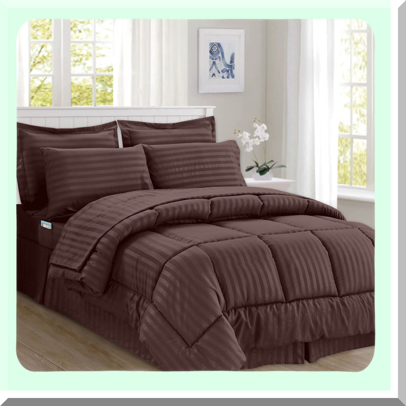 Chocolate SilkEase Wrinkle-Free Stripe Bed Set - 8pc Full/Queen Comforter Ensemble - Luxe Softness, Easy Care - Bed-in-a-Bag
