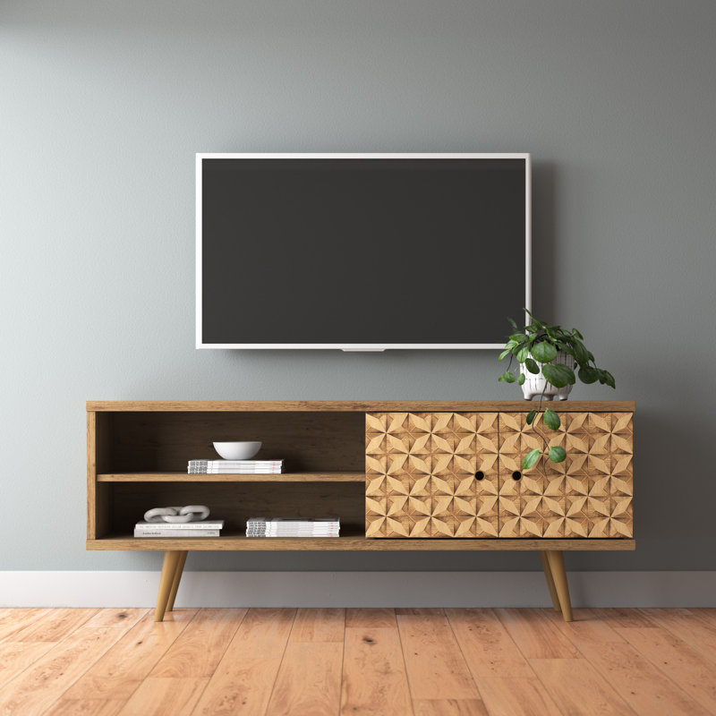 Liberty 63" Mid-Century Modern 3-Shelf TV Stand for TVs up to 60" in Rustic Brown and Natural, Rustic Brown/3D Brown Print