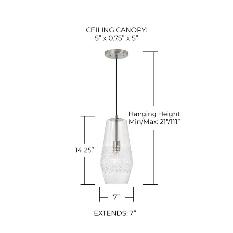 Luminaire suspendu 1 lumière Burnaby Altie avec verre embossé diamant et cordon tressé noir, Nickel brossé