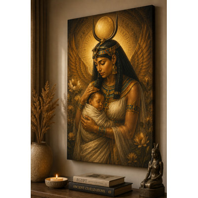 Large Isis – Mother Healer and Protector Falcon Sun God Throne Wall Art Canvas Print 24x36 Inch Ancient Egypt Decor Fantasy Mythology Art Living Room Home Decor Ready to Hang