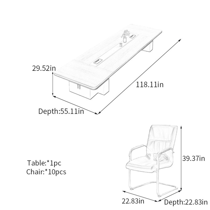 Table de conférence minimaliste avec armoire de rangement, Gris, H 29,52 po x L 118,11 po x l 55,11 po