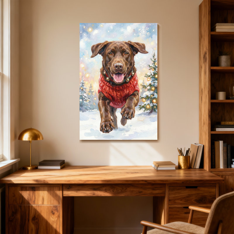 Animaux, chien, chandail rouge, scène hivernale, H 30 po x l 20 po