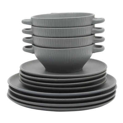 Gibson Elite Clover Hill 12-Piece Stoneware Dinnerware Set - Embossed Reactive Glaze - Service for 4 -Dark Blue