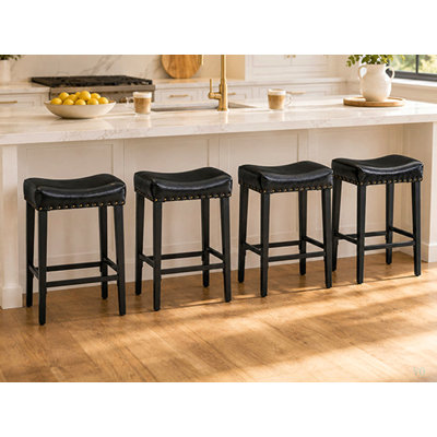 Tabouret de bar 4 pièces de 25,6 po de hauteur, sans dossier, avec siège rembourré de 4 po d'épaisseur, doté d'une décoration en têtes de clou en laiton, matériau en cuir, pieds en acier au carbone de 1,6 po