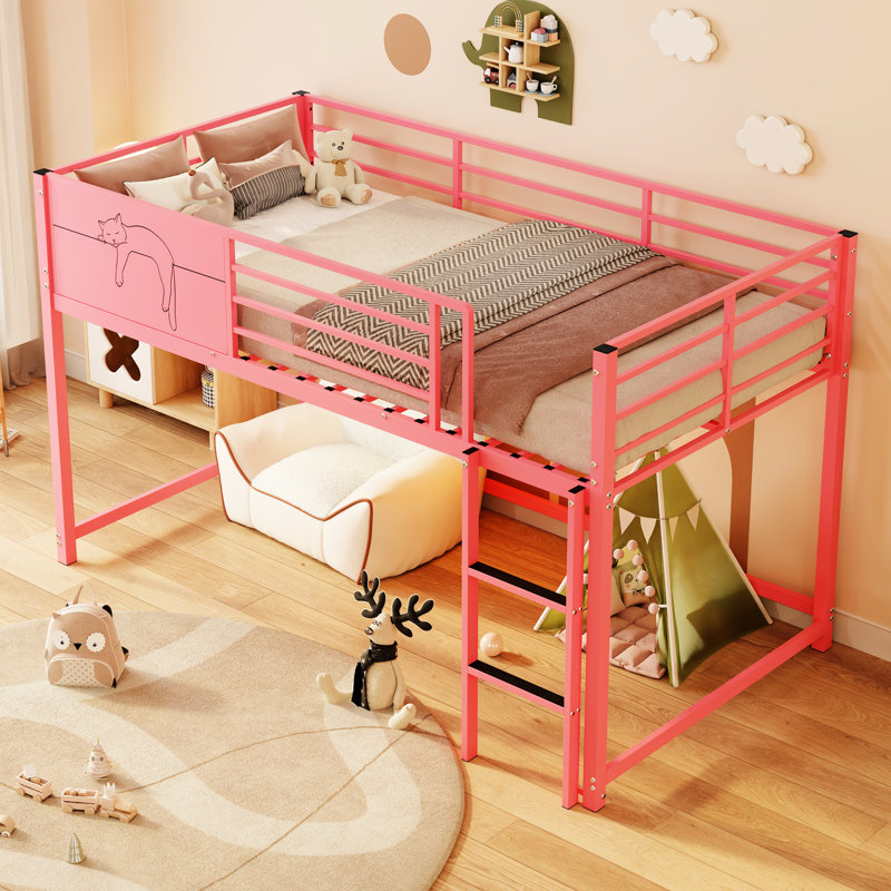 Lit de plancher simple en métal rose avec rails et support, structure stable, sans sommier, assemblage d'un coin-détente personnel, assemblage sûr, fiable et rapide