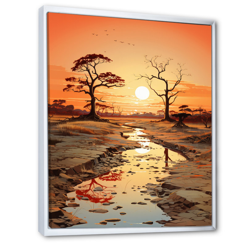 Orange, beige, vallée d'Afrique sur toile, H 44 po x l 34 po x P 1,5 po, Cadre flottant blanc