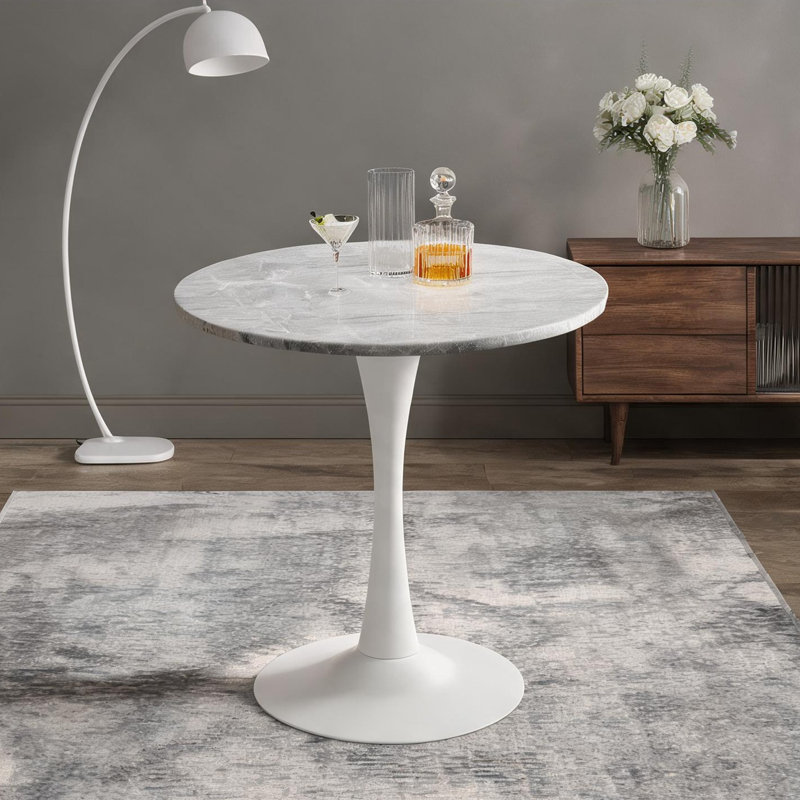 Table basse ronde avec plateau en marbre gris ardoise et blanc de 27,6 po, base Mid-Century, 4 sièges